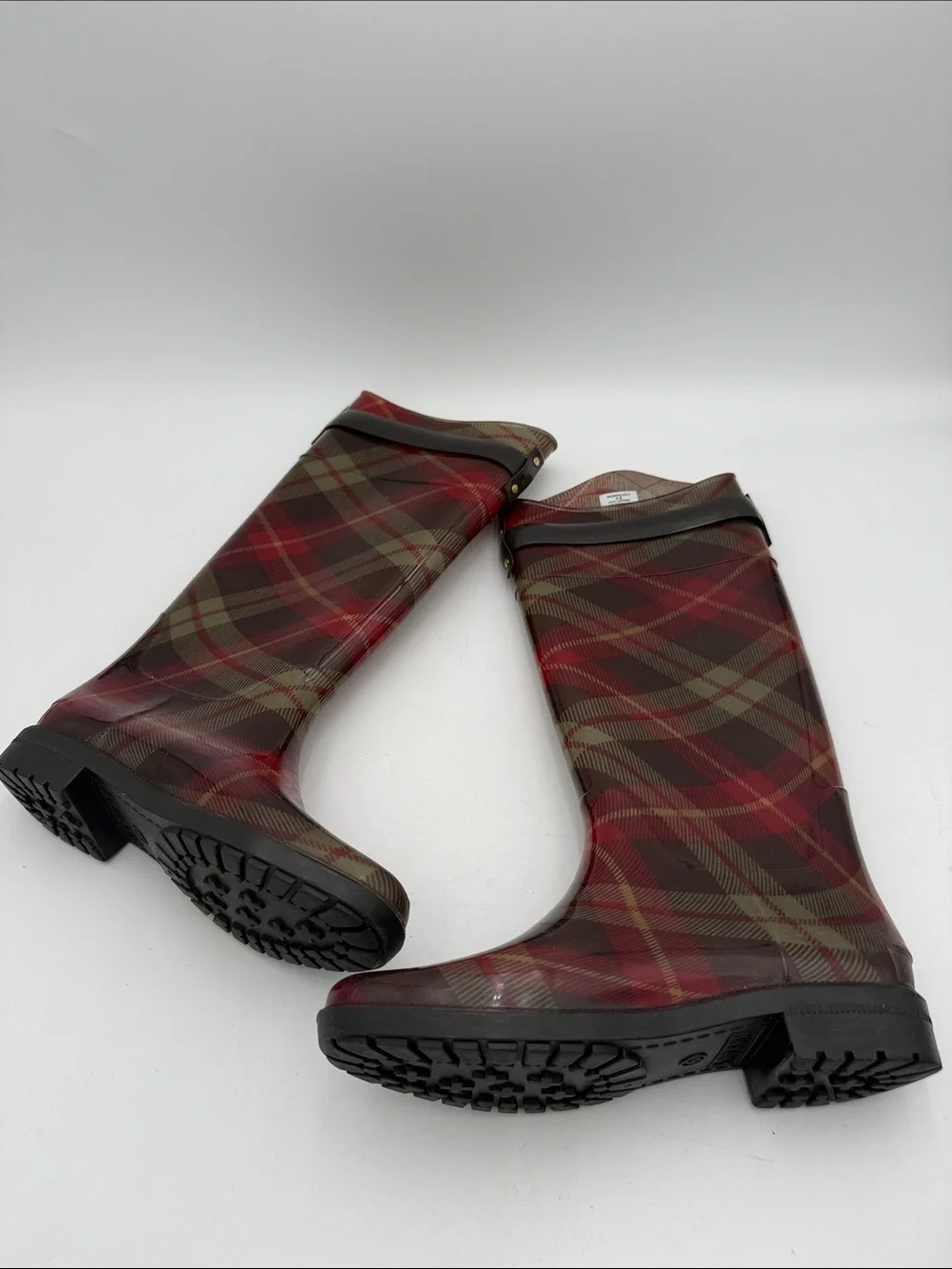 Lauren Ralph Lauren Red Plaid Tall Rain Boots women 6  Black Strap outdoor